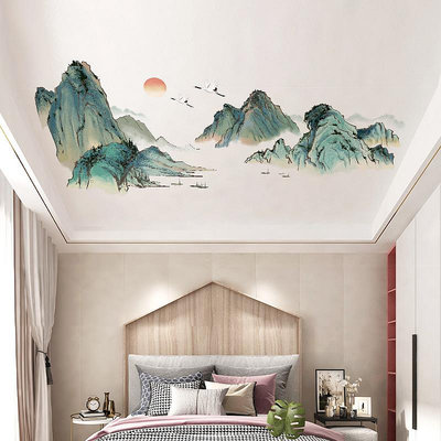 中國風山水風景畫天花板裝飾貼紙房間臥室墻紙自粘壁紙墻貼畫遮丑