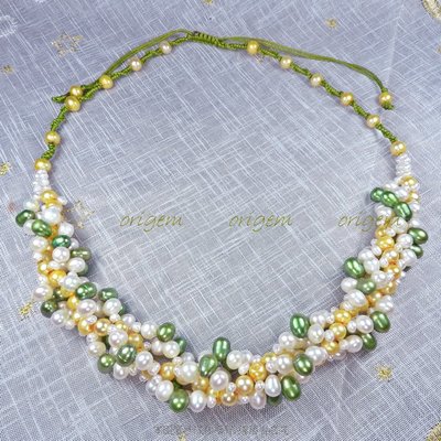 珍珠林~白黃綠三色U型手工編織真珠項鏈~純正天然淡水珍珠~只有一組#281