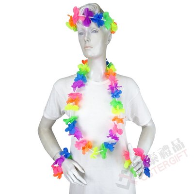 夏威夷花圈活動迎賓道具 螢光六彩花環4件套組