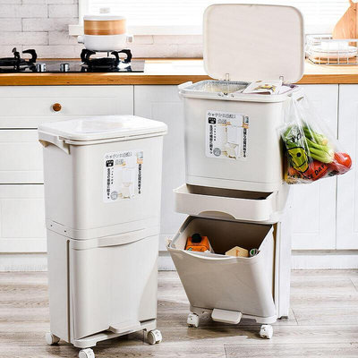 日式垃圾分類廚房垃圾桶按壓式家用乾濕分離三層雙桶大號帶蓋廚餘