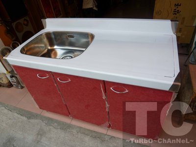 流理台【120公分洗台-左水槽】台面&amp;櫃體不鏽鋼 彩紅色門板 最新款流理臺