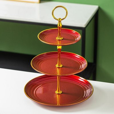 托盤擺臺歐式果盤三層點心架塑料干果蛋糕盤金邊水果盤蛋糕架