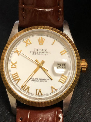 二手港錶 港勞 機械錶 老錶 古董錶 勞力士 Rolex DateJust 16013 半金白面大羅馬面盤 皮帶款 錶徑36mm
