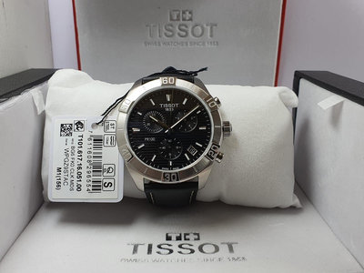 TISSOT PR100 Sport Gent 黑色面錶盤 黑色真皮皮革錶帶 石英 三眼計時 男士手錶 T1016171605100 天梭腕錶