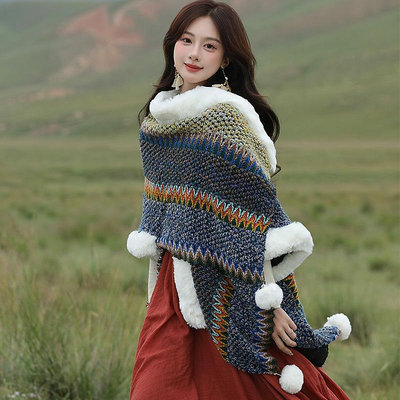 民族風加絨披肩超大毛領斗篷麗江新疆西藏旅游帶袖保暖外套女披風
