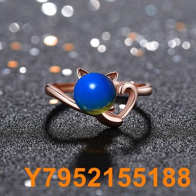 同款韓版小喵咪手飾鑲嵌多米尼和合成藍珀琥珀蜜蠟女戒指