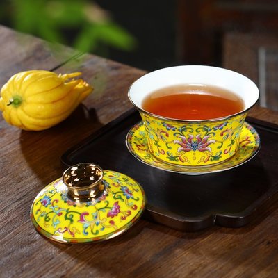 蓋碗茶杯陶瓷金邊單個三才泡茶碗白瓷功夫茶具彩繪瓷帶蓋碗茶具蓋碗超夯 正品 現貨