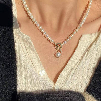 强光淡水珍珠鑲鑽OT扣項鍊/輕奢小眾設計ins冷淡風鎖骨鏈女