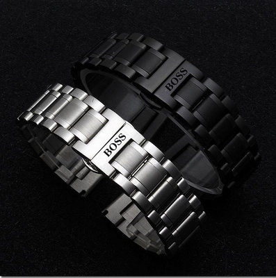 BOSS波士不銹鋼金屬實心鋼帶男女黑色錶帶拋光磨砂鋼錶帶22 22mm