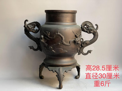 【二手】日本回流 雙龍耳 老銅花器 回流 銅器 擺件 【聚寶軒】-1173