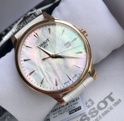 TISSOT Tradition 玫瑰金色框 珍珠貝母錶盤 白色皮革錶帶 石英 女士手錶 T0636103611601 天梭腕錶