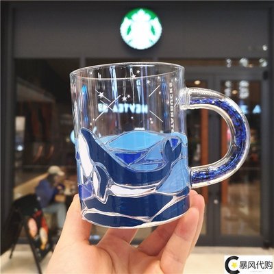 星巴克韓國夏季355ml藍色鯨魚玻璃杯藍鉆把手浮雕馬克杯彩鉆杯女~特價~米奇妙妙屋超夯 精品