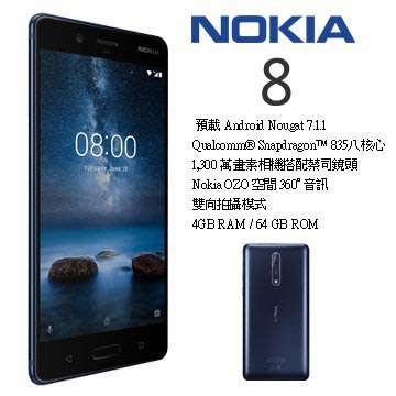 Nokia 8 全球首款前後雙鏡頭 4G/64G (空機) 全新未拆封原廠公司貨 NOTE5 8 S8+ R11 U11