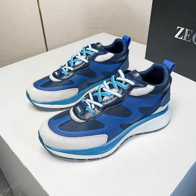 代購#Zegna男士藍色運動休閑鞋網布拼接牛皮鞋面