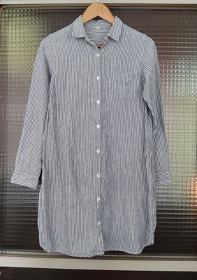 日本品牌 Muji 無印良品藍色白色直條紋 100% 純亞麻長袖襯衫洋裝