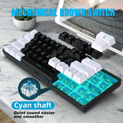 機械鍵盤61鍵短款小鍵盤辦公打字黑白雙拼冰藍光背光青軸游戲鍵盤