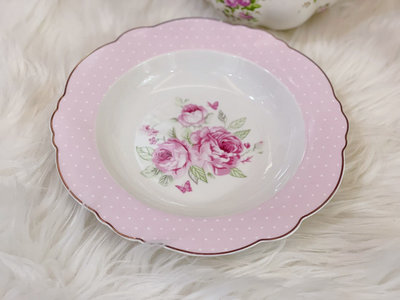 粉紅玫瑰精品屋～💖復古粉玫瑰波點金邊不規則湯盤💖