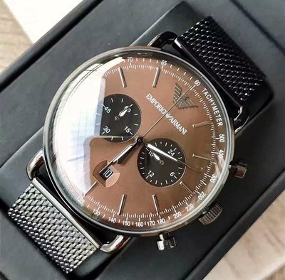 EMPORIO ARMANI 咖啡色錶盤 米蘭編織錶帶 石英 雙眼計時 男士手錶 AR11141