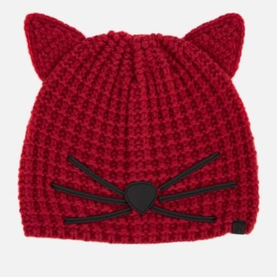 【AYW】KARL LAGERFELD 卡爾 拉格斐 老佛爺 CHOUPETTE 貓咪造型 粗針織 毛帽 深紅色 正版