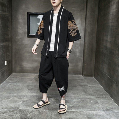 【熱賣精選】2020新款夏裝中國風純色漢服唐裝大碼男士中袖套裝