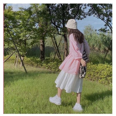 Coco衫-YIMO粉嫩格子七分袖寬鬆襯衫夏季寬鬆上衣-質量保障