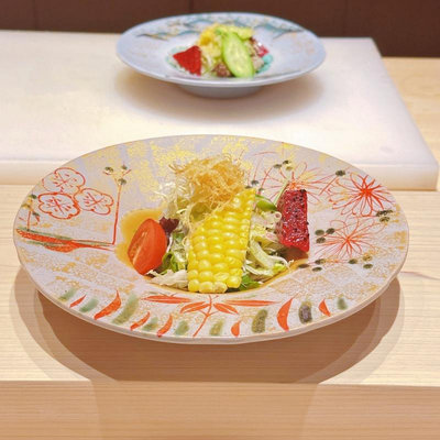 日本懷石會席料理手繪彩金位上西餐沙拉碗前菜刺身盤日式煮物盤