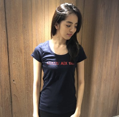 美國百分百【Armani Exchange】T恤 AX 短袖 大圓領 logo 上衣 T-shirt 深藍 女 I428