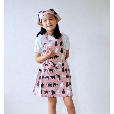 現貨～日本品牌 黑白貓貓兒童圍裙兩件組 圍裙+頭巾 兒童圍裙
