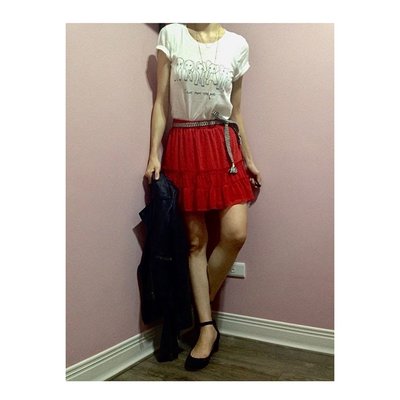 Miolla 美國品牌Abercrombie & Fitch 正紅色腰帶鬆緊飄逸短圓裙