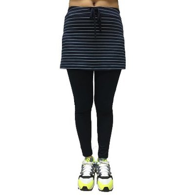 DIBO弟寶-SOFO機能服飾 女生 假兩件式 運動褲裙 顯瘦長束褲 可愛裙擺 瑜珈有氧 吸濕快排-深藍/條紋