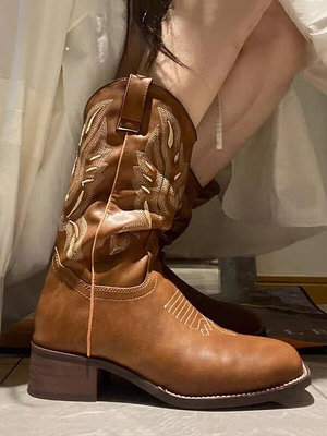 【現貨】西部牛仔靴夏款女2023新款牛仔騎士靴棕色復古馬丁靴西部民族靴子