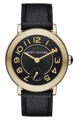 【芝加哥美國代購 】Marc Jacobs 簡約數字時尚黑底金色不銹鋼真皮錶帶手錶  型號MJ1471(3380含運費)