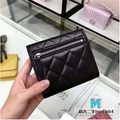 【二手】正品Chanel A82288 小牛皮荔枝壓紋 黑色 金CC LOGO 三折短夾 短夾 皮夾 零錢包