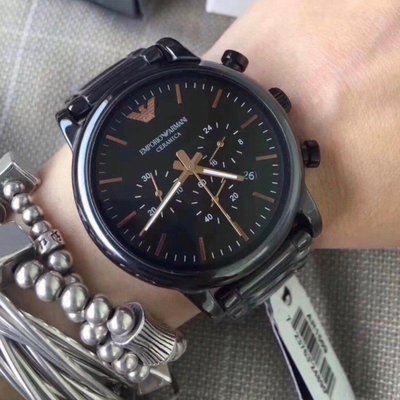 Emporio Armani AR1509陶瓷三眼計時腕錶-黑x44mm