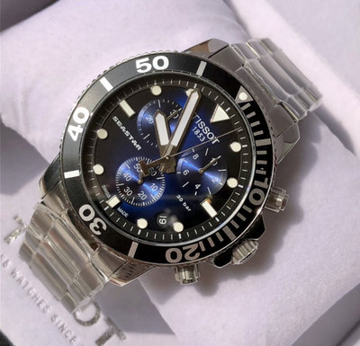 TISSOT seastar1000漸層藍色錶盤 銀色不鏽鋼錶帶 石英 三眼計時 男士手錶T1204171104101天梭腕錶