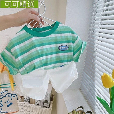 【熱賣精選】22新品男童中兒童5套裝條紋衫t恤抖音同款韓國寶寶兒童洋氣短袖2022夏裝