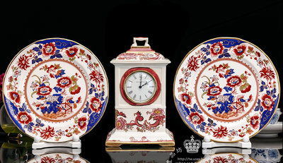 【吉事達】英國Wedgwood Masons繁花似錦陶瓷時鐘 臥室桌鐘 裝飾座鐘 陶瓷盤三件套組