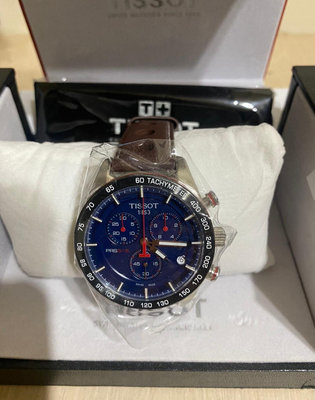 TISSOT T-SPORT PRS516 藍色錶面盤 陶瓷錶圈 棕色皮革錶帶三眼計時男士手錶T1004171604100 天梭