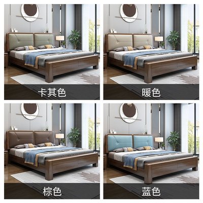 特賣-中式胡桃木實木床雙人床1.8米現代簡約軟包1.5帶抽屜床儲物婚床