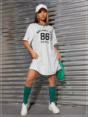 洋裝 黑白綠 字母和數字圖案條紋圖案運動裝寬鬆短袖T恤 歐美流行時尚女裝連身裙連衣裙小禮服有中大尺碼H5600