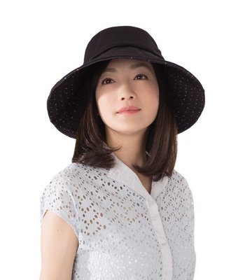 日本SUNFAMILY降溫涼感抗UV可塑型折邊時尚寬緣防曬帽~ #黑/波卡圓點