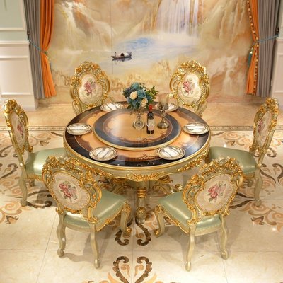 歐式餐桌椅組合實木雕花圓形小戶型6人餐廳家具法式宮廷8人圓餐桌