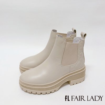 小葉鞋鞋 (5872 米白)【聊聊享優惠】Fair Lady 軟實力 皮革拼接增高鋸齒切爾西短靴 (7B2606)