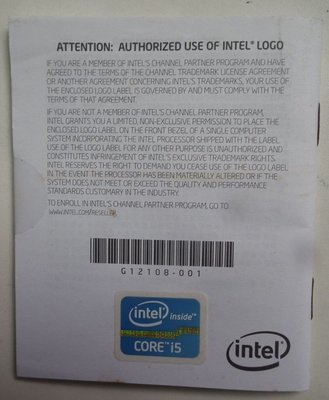 I5 CPU貼紙說明書 intel inside 英特爾手冊 CORE PROCESSOR LOGO LABEL