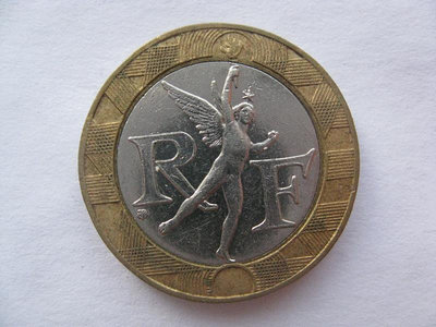 外國法國硬幣紀念幣雙色鑲嵌 1988年 10法郎 小飛人 丘比特 好品