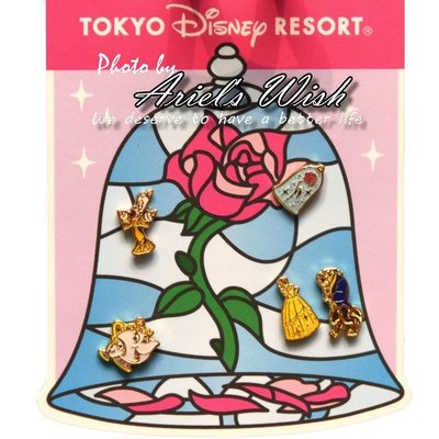 Ariel's Wish預購-日本Tokyo東京迪士尼Disney美女與野獸茶壺媽媽阿奇杯玻璃罩玫瑰花耳針式耳環五入組