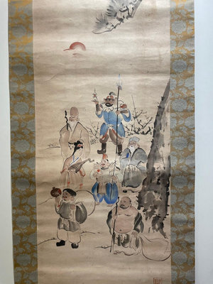 【一点會古美術】水墨七福神掛軸 日本 名家 茶掛 軸畫  藝術 美術 裝飾 裝潢 掛件 擺設 收藏