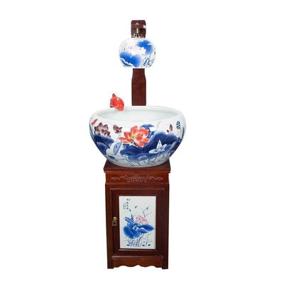 現貨 景德鎮陶瓷自動循環過濾流水柜式帶燈魚缸客廳裝飾養魚盆擺件