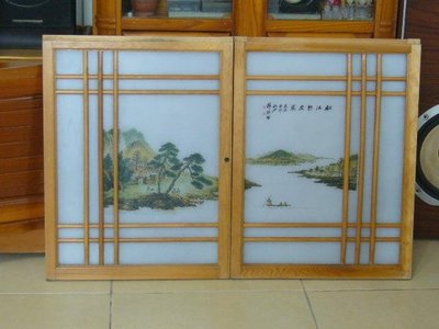 早期檜木窗(12)~霧面玻璃窗~風景圖案~2片合售~單組價格~隨機出貨~懷舊.裝飾