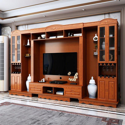 【熱賣精選】客廳實木組合電視柜背景墻柜可伸縮中式電視機墻柜多功能高款整體